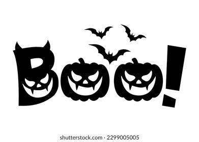 Boo. Halloween boo, flat words with pumpkin and bats