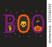 Boo Halloween holiday cute symbols vector poster. Hand drawn fancy lettering. Hallloween spooky sign pumkin, spider web, bat, skull cartoon design element. Celebration fun party 31 october greeting