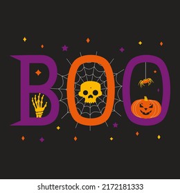 Boo Halloween holiday cute symbols vector poster. Hand drawn fancy lettering. Hallloween spooky sign pumkin, spider web, bat, skull cartoon design element. Celebration fun party 31 october greeting