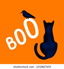 Boo halloween illustration with black cat and crow on orange background