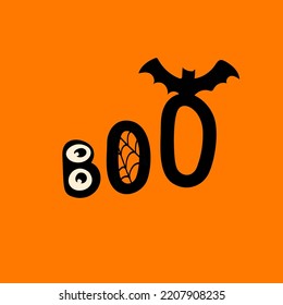 Boo halloween illustration with eyes and bat on orange background