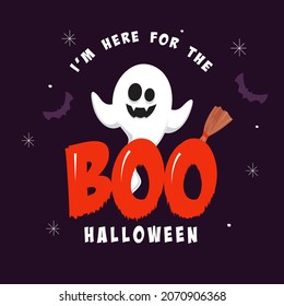 Boo Halloween Poster Design With Funny Ghost, Broom And Flying Bats On Purple Background.