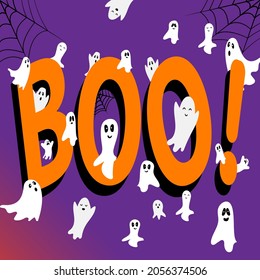 Boo! Halloween scary ghosts.  Ghosts and spider on violet background. Halloween spider's web. Vector illustration.