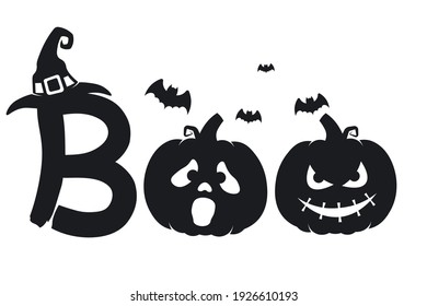 BOO halloween silhouette with pumpkins, bats and witch hat. Clean vector paths isolated on a white background