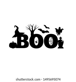 Boo. Halloween Silhouette. Halloween scene - bats, witch hat, grave, ghost, pumpkin. Vector