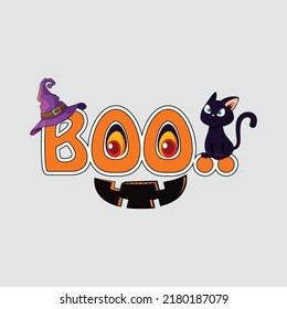 Boo Halloween T Shirt Design With Witch Hat And Cat.