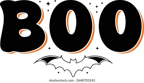 Projeto de camiseta de Halloween BOO - Texto Assustador Negrito com Bat e Estrelas Ilustração