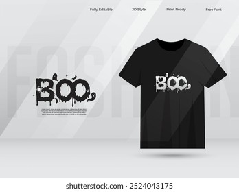 Boo, modelo de design de camiseta Halloween. Boo, design de camiseta tipográfica com morcegos fantasmas e aranhas. Boo, design de texto com cor preta. Dia das Bruxas festa t-shirt impressão pronto t-shirt design.