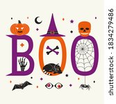 Boo Hallowen holiday quote fancy vector poster. Hand drawn cute lettering. Hallloween sign pumkin, spider web, witch hat, black cat cartoon design element. Celebration fun party 31 october greeting