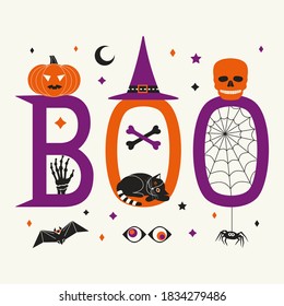 Boo Hallowen holiday quote fancy vector poster. Hand drawn cute lettering. Hallloween sign pumkin, spider web, witch hat, black cat cartoon design element. Celebration fun party 31 october greeting