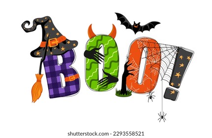 Boo. Handgezeichneter Doodle-Text mit Hexenhut, Fledermaus, Spinnen und Zombie-Händen. Fröhliches Halloween. Design für Poster, Banner, T-Shirt, Karte, Flyer. Vektorgrafik