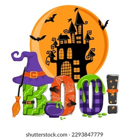 Boo. Dibujar el texto del doodle con sombrero de bruja, murciélago, luna, castillo y manos zombi. Feliz Halloween. Diseño para afiches, pancartas, camisetas, tarjetas, volantes. Ilustración del vector