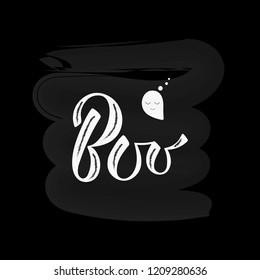 Boo- hand drawn lettering. Black, white, orange. Perfect design for greeting card, poster, banner, print invitation. Vector illustration EPS 10. 