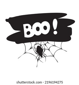 Boo hand drawn lettering with cobweb and spider. Vector isolated text. Black and white illustration.