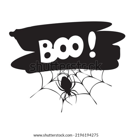 Boo hand drawn lettering with cobweb and spider. Vector isolated text. Black and white illustration.