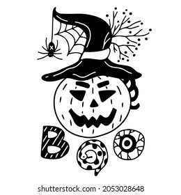 Boo hand drawn lettering and vector illustration of a Jack O lantern with witch hat. Black color.  Great Halloween card.