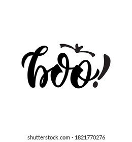 Boo! hand drawn text isolated on white background. Modern brush ink calligraphy, hand lettering. Black and white design. Vector illustration. The bat silhouette. Happy halloween card. 