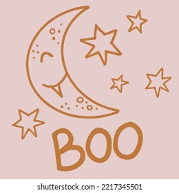 Boo hand drawn vector lettering in doodle style. Cute phrase with crescent and stars isolated print.