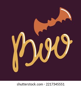 Boo hand drawn vector lettering in doodle style. Cute phrase with bat drawings isolated print.