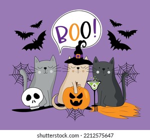 Boo - Hand drawn witch cats and speech bubbles. Spooky skull, bats, pumpkin, and potion on broom. Islolated on purple background. 
