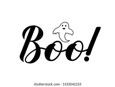 Boo hand lettering with cute cartoon ghost isolated on white. Easy to edit vector template for Halloween greeting card, banner, typography poster, party invitation, t-shirt, etc.