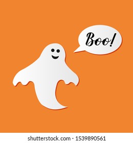 Boo hand lettering with cute cartoon ghost on orange background. Easy to edit vector template for Halloween greeting card, banner, typography poster, party invitation, t-shirt, etc.