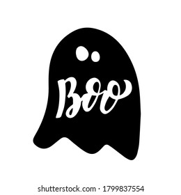 Cita con letras a mano en silueta fantasma. Cita de Humor Hallowen. Grabación manual de carteles, tarjeta de saludo, estampado de camisetas para niños. Fiesta de Halloween 31 de octubre