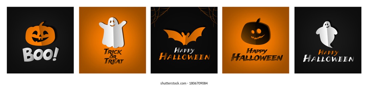 boo happy halloweeen greeting cards   web banners design set  with cute ghost   pumpkin bat paper cut style