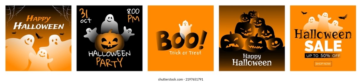 boo happy halloweeen sale party square greeting cards  banners design set  with cute ghosts   pumpkins bat vector illustration