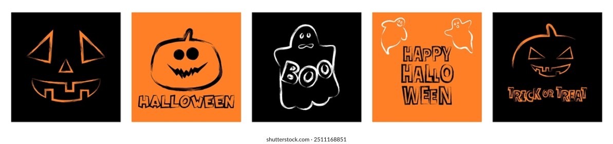 boo happy halloweeen trick or treat square greeting cards  banners design set  with cute ghosts   pumpkins  vector illustration