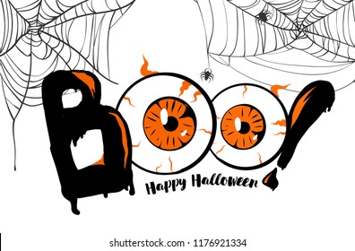 Boo. Happy Halloween banner background, lettering with orange eyes. Scary cobweb spiderweb and spider. Poster, card design template. Vector illustration. Isolated on white.