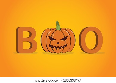 Boo! Happy Halloween day, lettering design with smiling pumpkin character on orange background