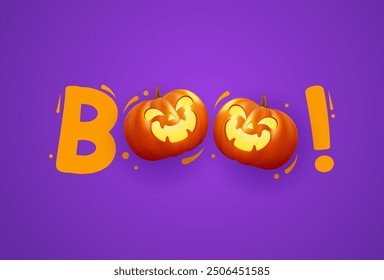 Boo! Happy Halloween design featuring spooky pumpkins with eerie faces on an purple background. Vector template ideal for greeting cards, flyers, celebration posters, or party invitations.