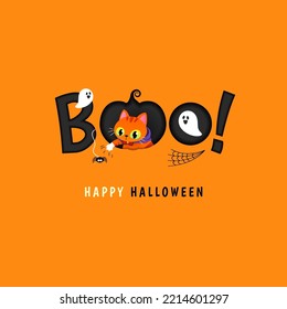 Boo! Happy Halloween greeting card vector illustration. Cute cats in halloween costume playing with spider