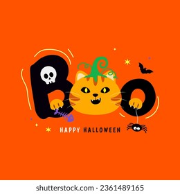 Boo Happy Halloween greeting card vector illustration. Cute orange tabby cat in halloween costume playing with spider