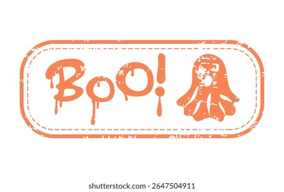 Boo. Happy Halloween grunge retro rubber stamp with ghost. Grunge textured holiday sticker or label. Vector element