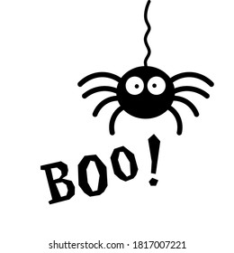 Boo Happy Halloween poster with funny spider. Vector illustration isolated on white background. Great for prints, t-shirt design, greeting card.