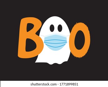 Boo icon with White ghost wearing Blue surgical mask and Orange letters on Black background