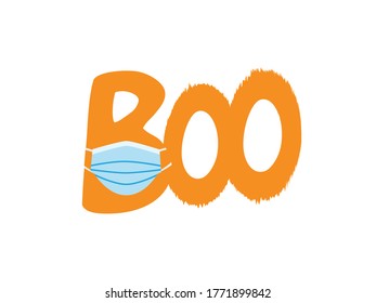 Boo icon with White Orange letters wearing Blue surgical mask on White background
