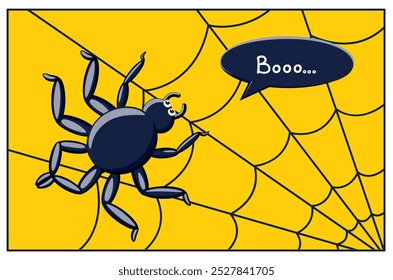 The boo inscription with a spider web and a spider on a yellow background