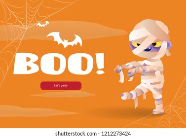 Boo, lets party lettering with spooky mummy. Invitation design. Typed text, calligraphy. For leaflets, brochures, invitations, posters or banners.