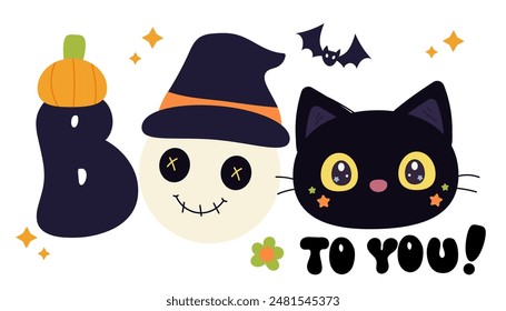 Boo Letter with Cute ghost clipart cat and pumpkin Groovy Halloween flower. Series: Retro cartoon kawaii drawing (trick or treaters) Kids party. Perfect make a wish for background, greeting card.