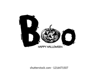 Boo letter with pumpkin, happy halloween greeting card on white background for halloween event