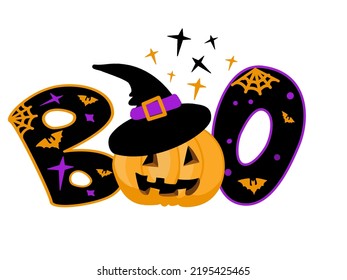 Boo lettering design for Halloween prints. Hand drawn ward Boo with pumpkin in cartoon style