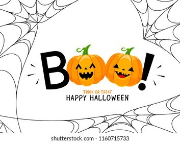 Boo! lettering design with smiling pumpkin character. Trick or Treat, Happy Halloween day. Vector design for greeting card, print, invitation, banner, poster.  Illustration background.