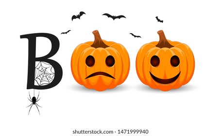 Boo. Lettering design with smiling pumpkin character. Orange pumpkin with smile for your design for the holiday Halloween. Vector illustration.