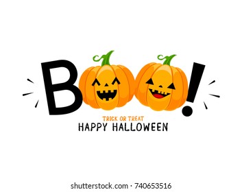 Boo! lettering design with smiling pumpkin character. Trick or Treat, Happy Halloween day. Vector for greeting card, print, invitation, banner, poster.  Illustration isolated on white background. 
