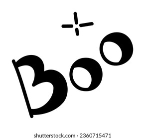 Boo lettering, doodle text for Halloween, design element for sticker, poster, greeting card. Hand drawn simple phrase, symbol of holiday. Vector illustration isolated on transparent background