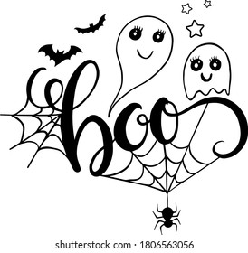 Boo lettering with ghost bats and spider. Vector illustration for halloween.