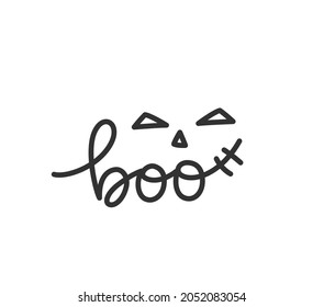 Boo lettering. Halloween greeting card or invitation with scary face character. Jack pumpkin line drawing vector illustration. 